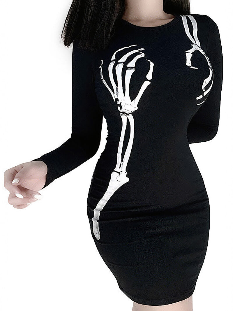 Black Bodycon Long Sleeve Dress / Women Gothic Streetwear Skull Print Mini Dress - image 1