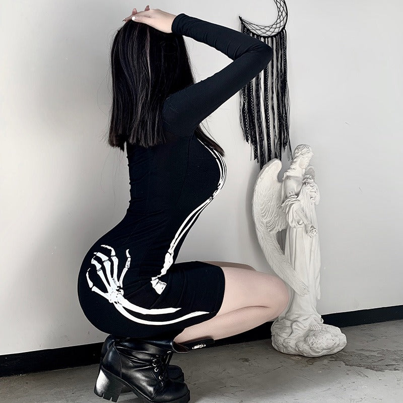 Black Bodycon Long Sleeve Dress / Women Gothic Streetwear Skull Print Mini Dress - image 10