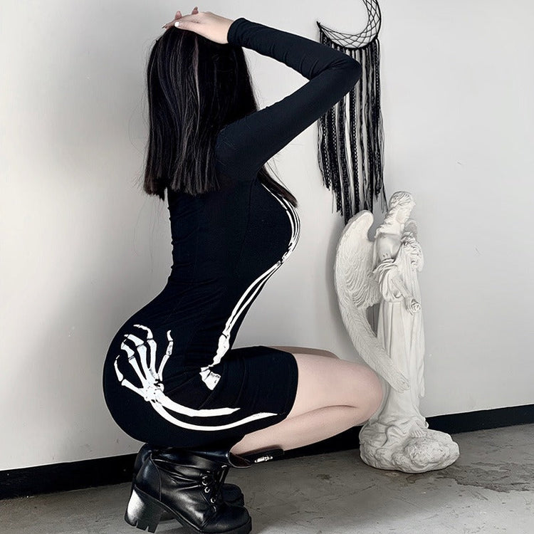 Black Bodycon Long Sleeve Dress / Women Gothic Streetwear Skull Print Mini Dress - image 10
