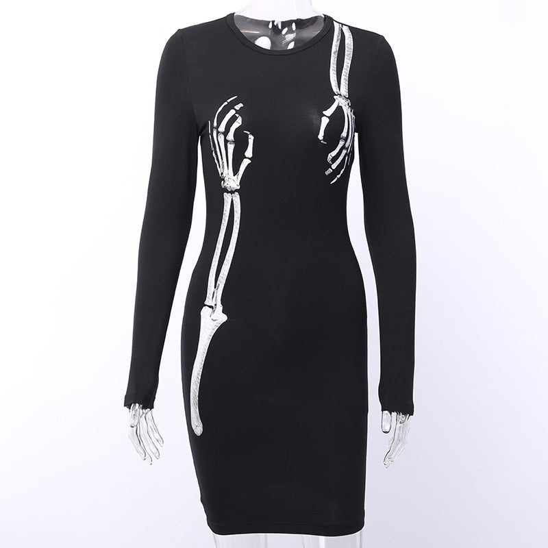 Black Bodycon Long Sleeve Dress / Women Gothic Streetwear Skull Print Mini Dress - image 4