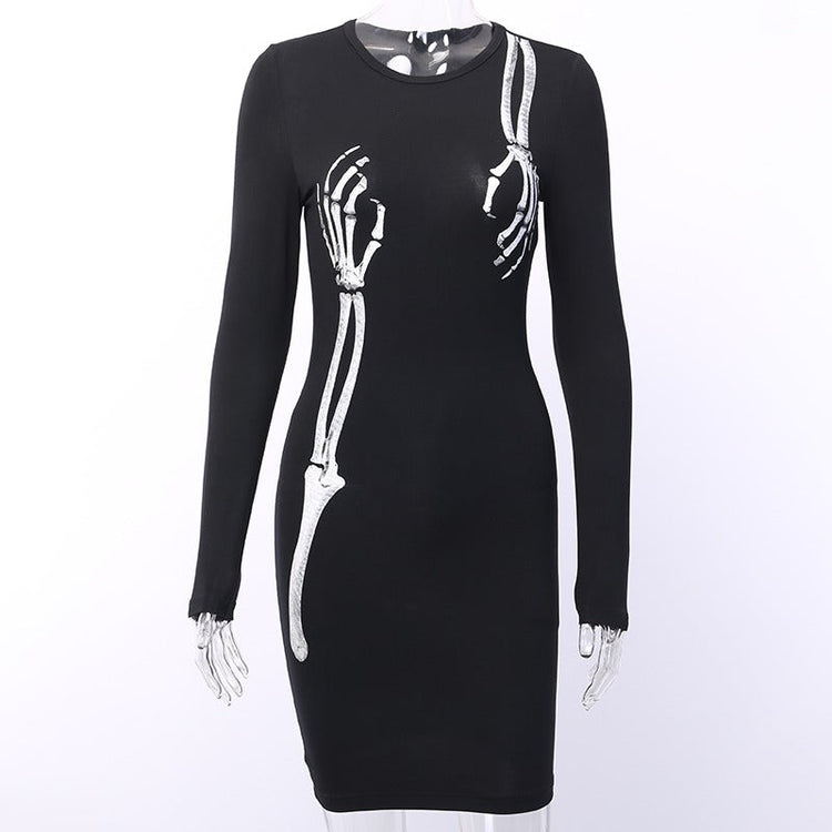 Black Bodycon Long Sleeve Dress / Women Gothic Streetwear Skull Print Mini Dress - image 4