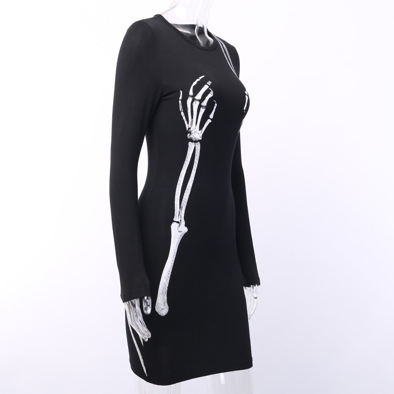 Black Bodycon Long Sleeve Dress / Women Gothic Streetwear Skull Print Mini Dress - image 3