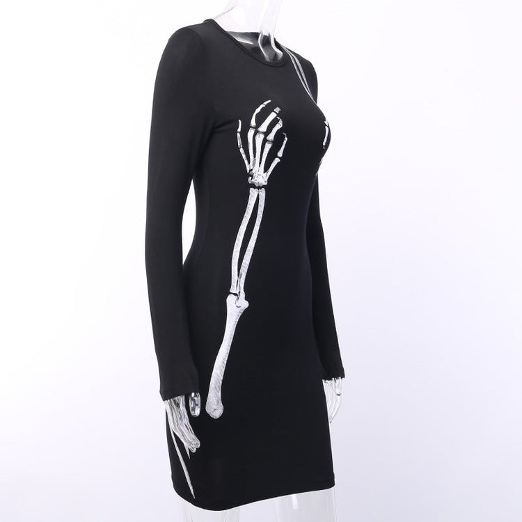 Black Bodycon Long Sleeve Dress / Women Gothic Streetwear Skull Print Mini Dress - image 3