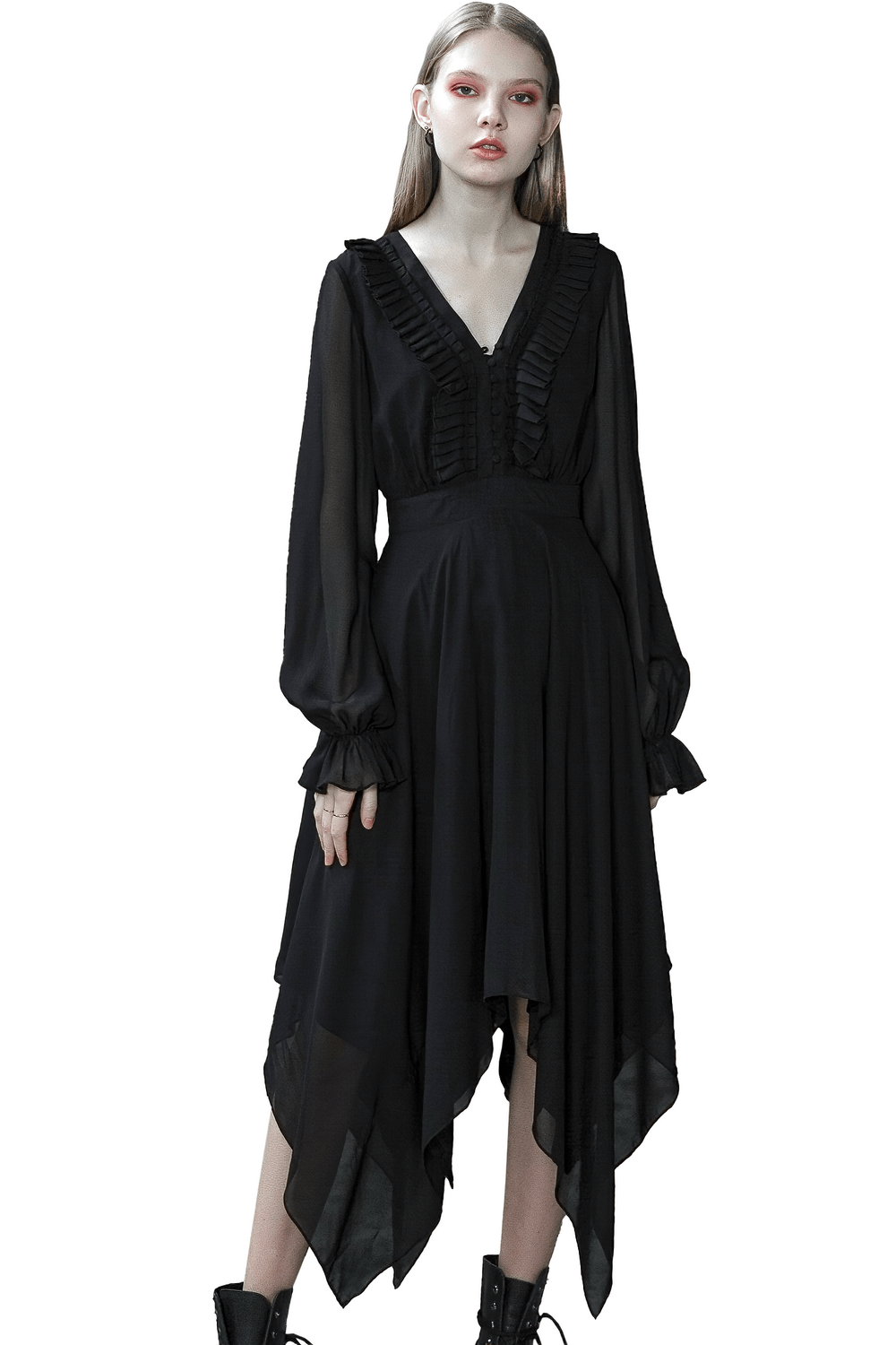 Black Chiffon Dress with Asymmetrical Layered Hem - image 1