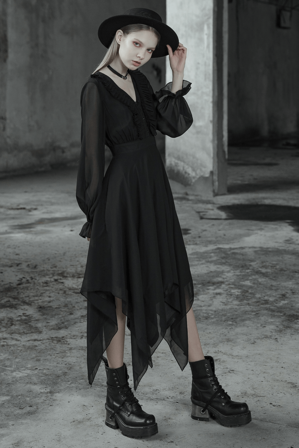Black Chiffon Dress with Asymmetrical Layered Hem - image 16