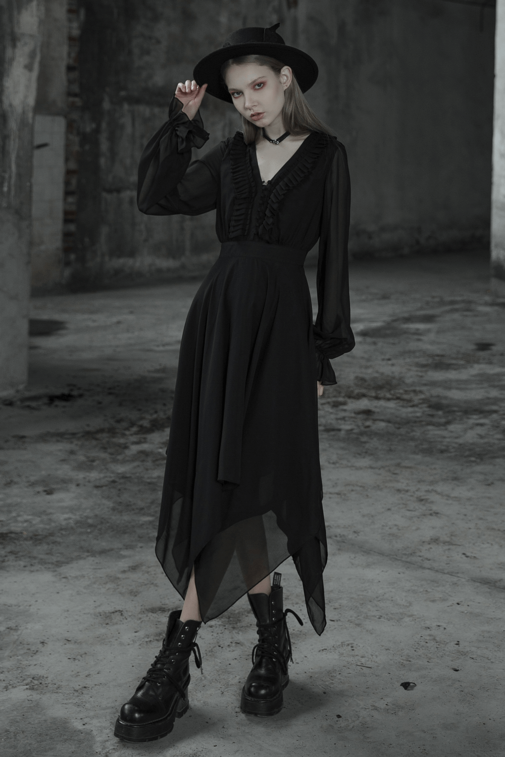 Black Chiffon Dress with Asymmetrical Layered Hem - image 18