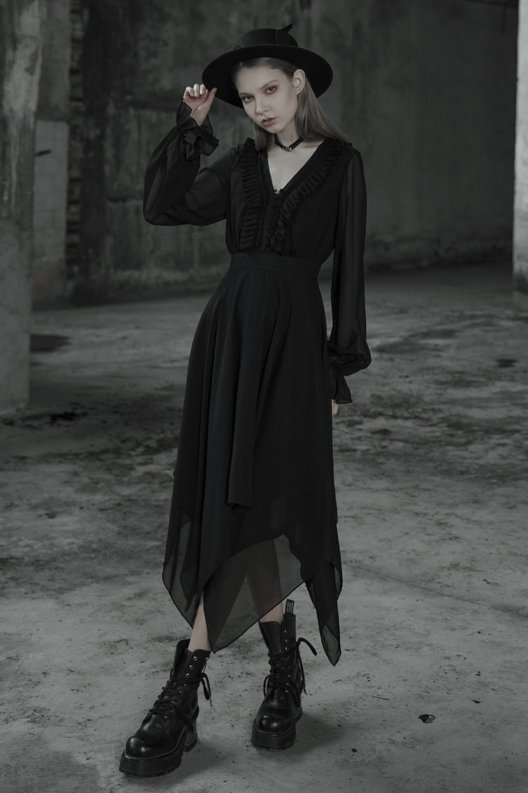 Black Chiffon Dress with Asymmetrical Layered Hem - image 18