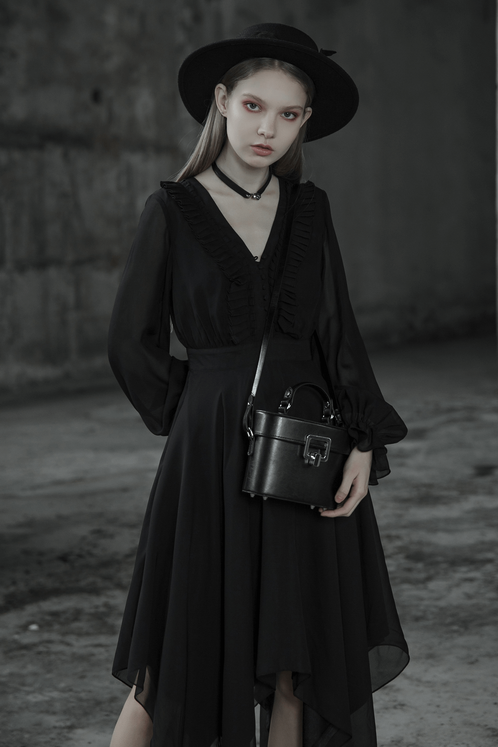 Black Chiffon Dress with Asymmetrical Layered Hem - image 15
