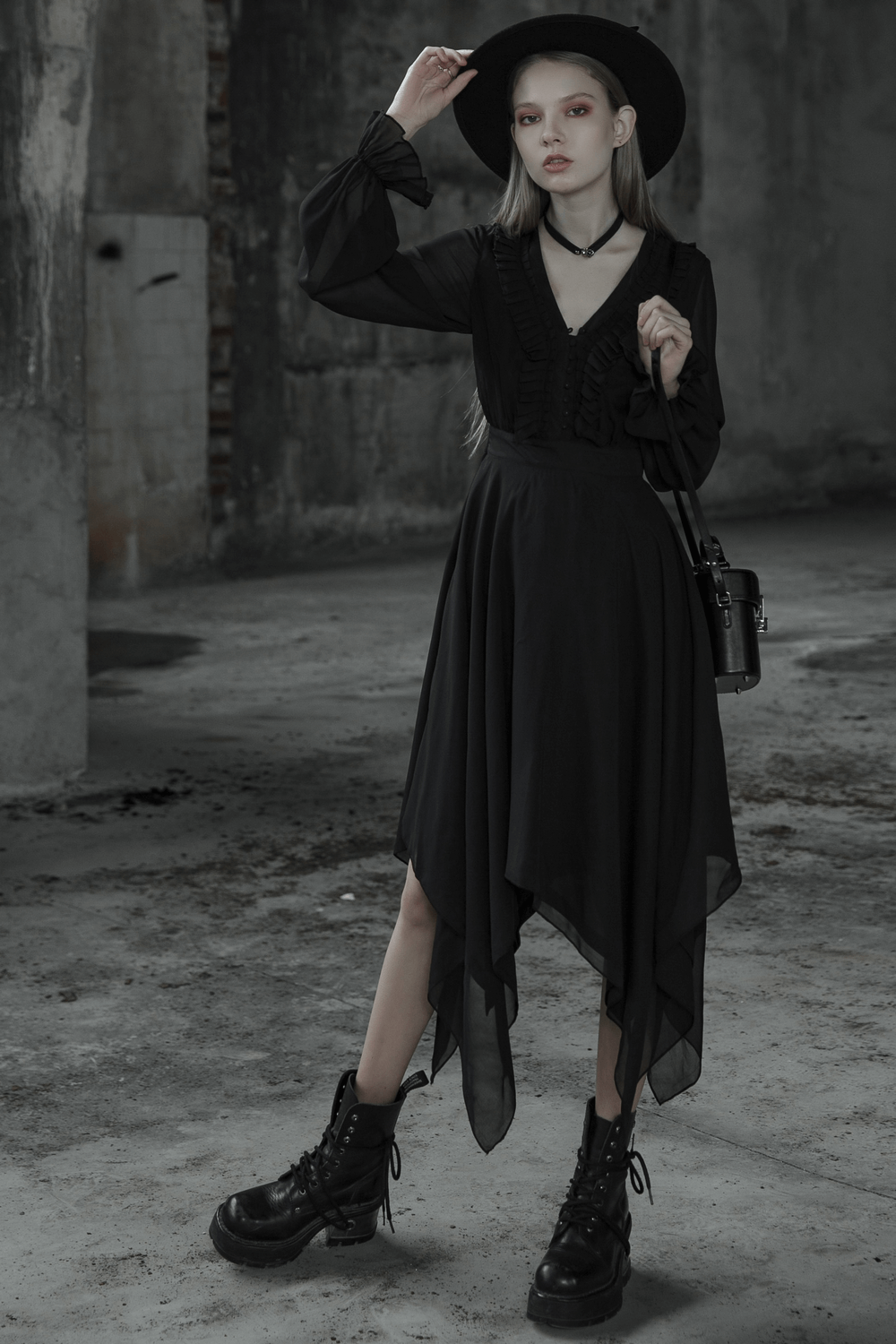 Black Chiffon Dress with Asymmetrical Layered Hem - image 17
