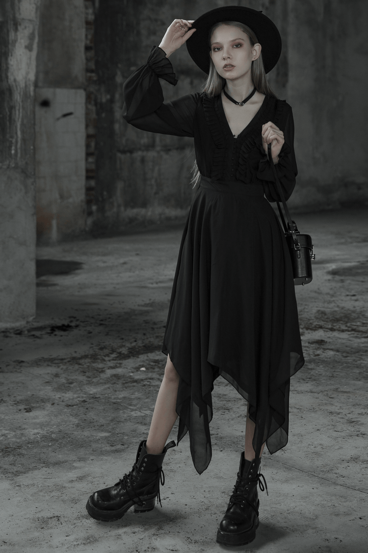 Black Chiffon Dress with Asymmetrical Layered Hem - image 17