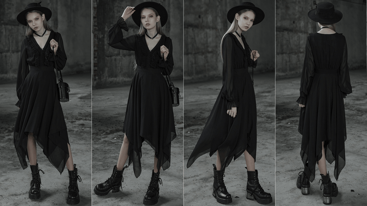 Black Chiffon Dress with Asymmetrical Layered Hem - image 19