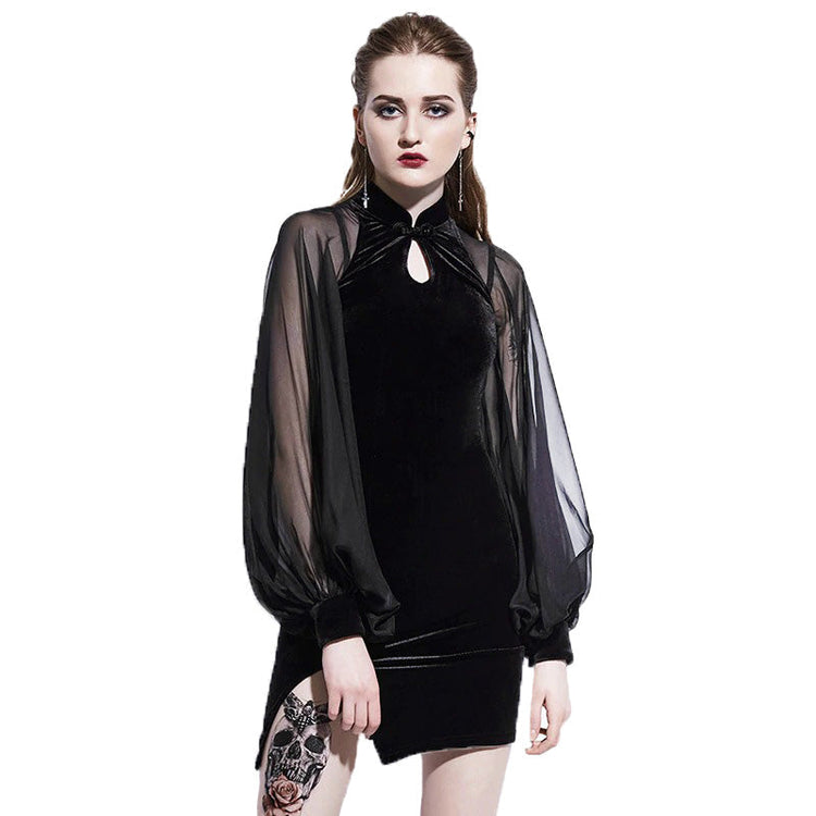 Black Chinese Original Design / Velvet Goth Dress Lantern Sleeve Mesh Stitching - image 1
