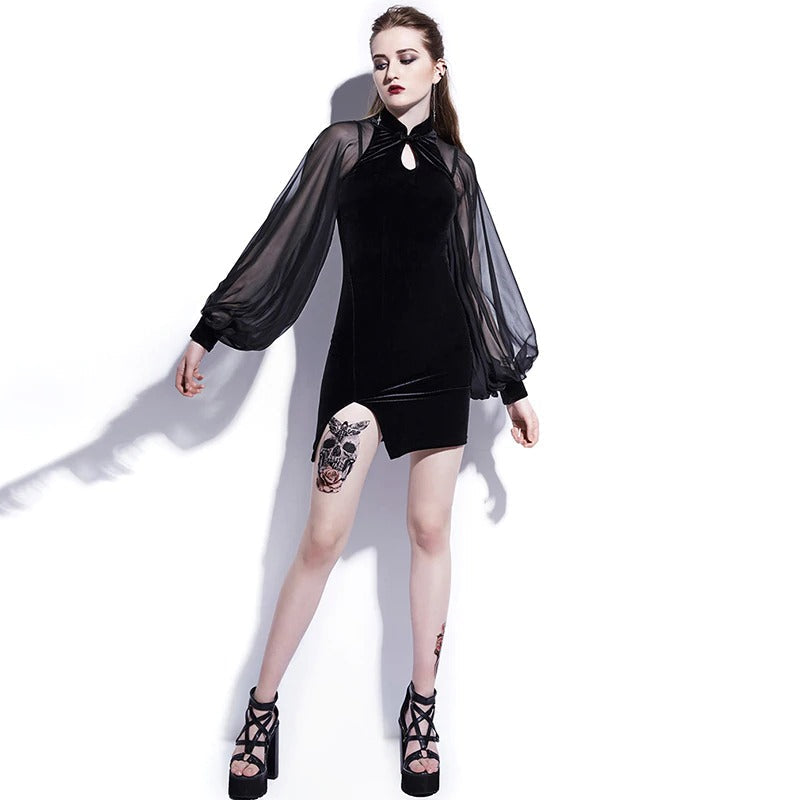 Black Chinese Original Design / Velvet Goth Dress Lantern Sleeve Mesh Stitching - image 5