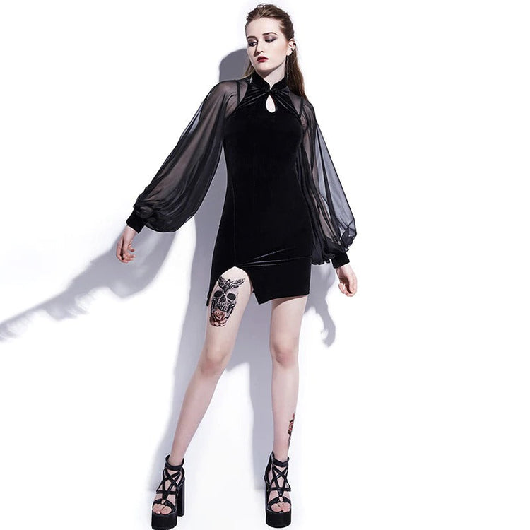 Black Chinese Original Design / Velvet Goth Dress Lantern Sleeve Mesh Stitching - image 5