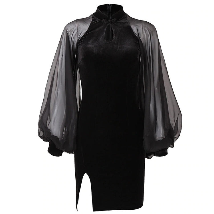 Black Chinese Original Design / Velvet Goth Dress Lantern Sleeve Mesh Stitching - image 3