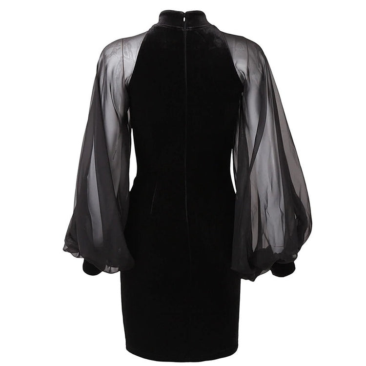 Black Chinese Original Design / Velvet Goth Dress Lantern Sleeve Mesh Stitching - image 4