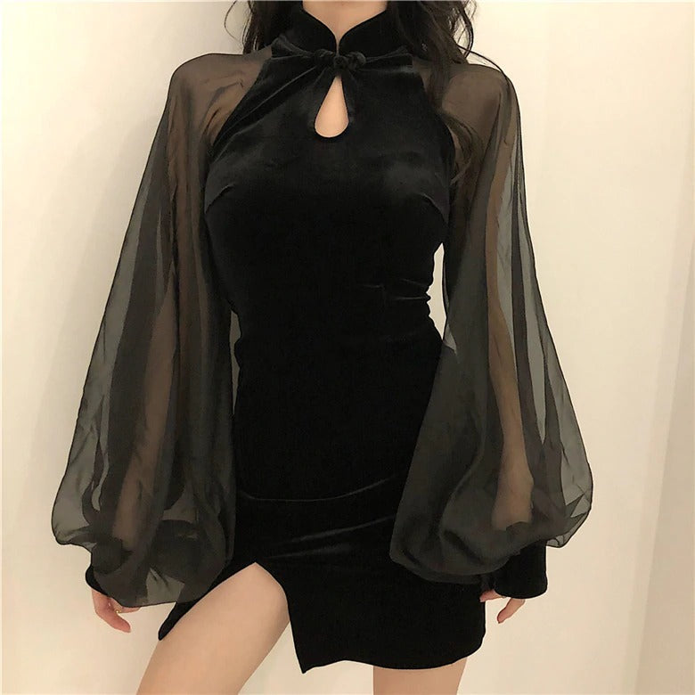Black Chinese Original Design / Velvet Goth Dress Lantern Sleeve Mesh Stitching - image 6