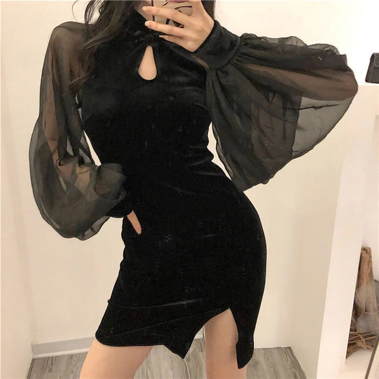 Black Chinese Original Design / Velvet Goth Dress Lantern Sleeve Mesh Stitching - image 7