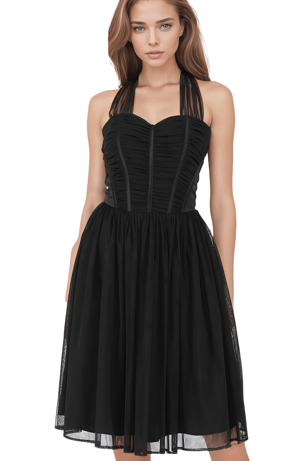 Black Corset Midi Dress with Soft Net Skirt and Side Zipper - image 1