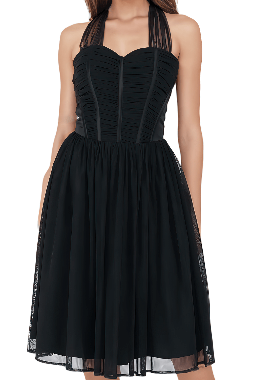 Black Corset Midi Dress with Soft Net Skirt and Side Zipper - image 3