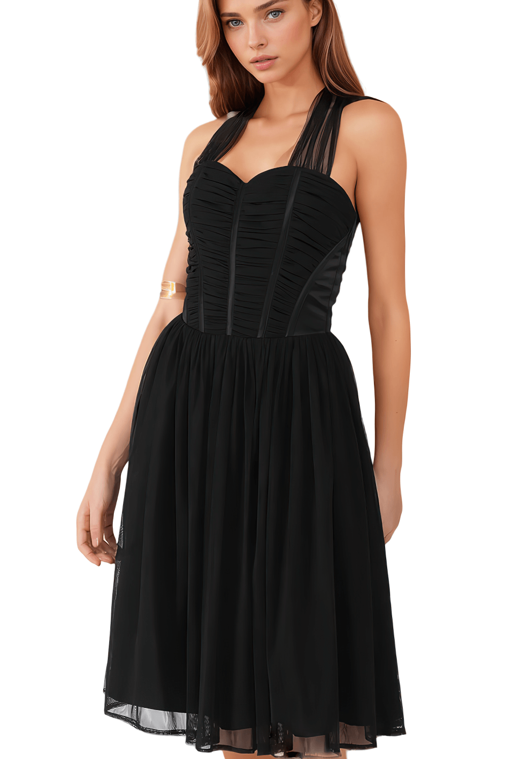 Black Corset Midi Dress with Soft Net Skirt and Side Zipper - image 4