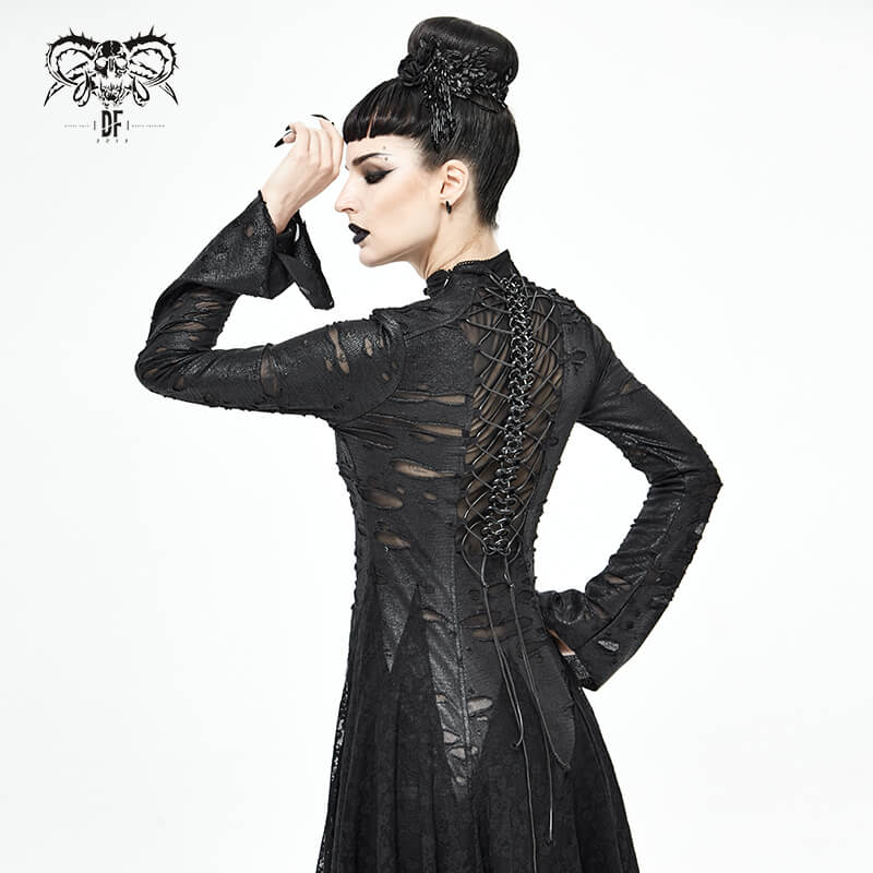 Black 'Dragon Spine' Gothic Dress / Women's Dark Shadow Long Sleeve Irregular Hem Dress - image 12
