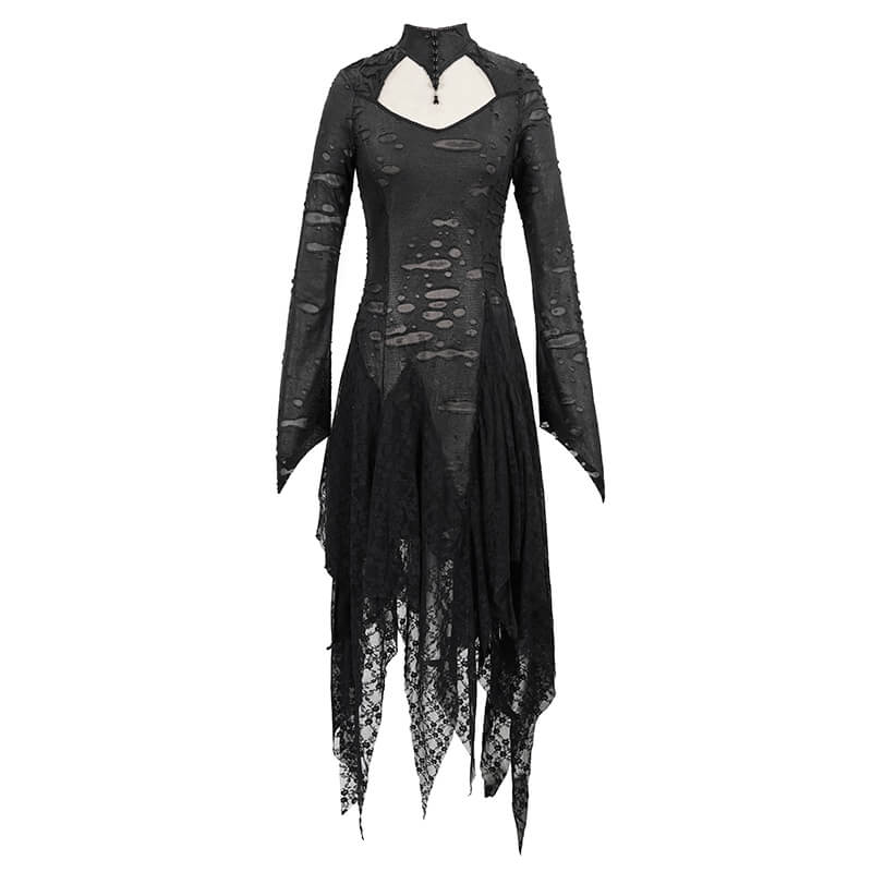 Black 'Dragon Spine' Gothic Dress / Women's Dark Shadow Long Sleeve Irregular Hem Dress - image 3