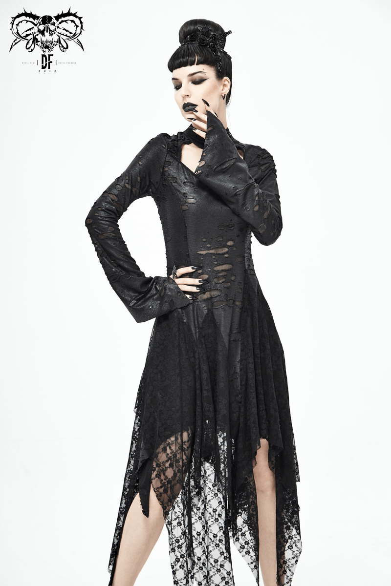 Black 'Dragon Spine' Gothic Dress / Women's Dark Shadow Long Sleeve Irregular Hem Dress - image 14