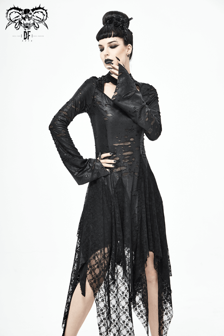 Black 'Dragon Spine' Gothic Dress / Women's Dark Shadow Long Sleeve Irregular Hem Dress - image 14