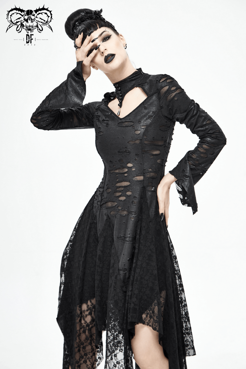 Black 'Dragon Spine' Gothic Dress / Women's Dark Shadow Long Sleeve Irregular Hem Dress - image 13