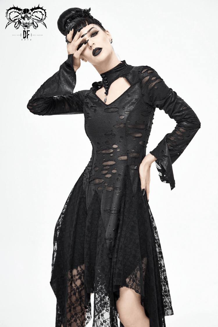 Black 'Dragon Spine' Gothic Dress / Women's Dark Shadow Long Sleeve Irregular Hem Dress - image 13