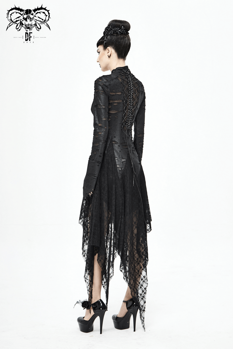 Black 'Dragon Spine' Gothic Dress / Women's Dark Shadow Long Sleeve Irregular Hem Dress - image 17
