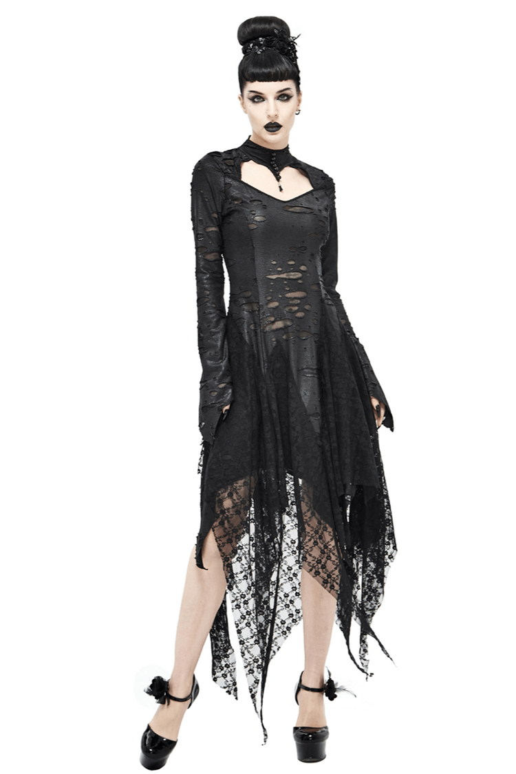 Black 'Dragon Spine' Gothic Dress / Women's Dark Shadow Long Sleeve Irregular Hem Dress - image 1