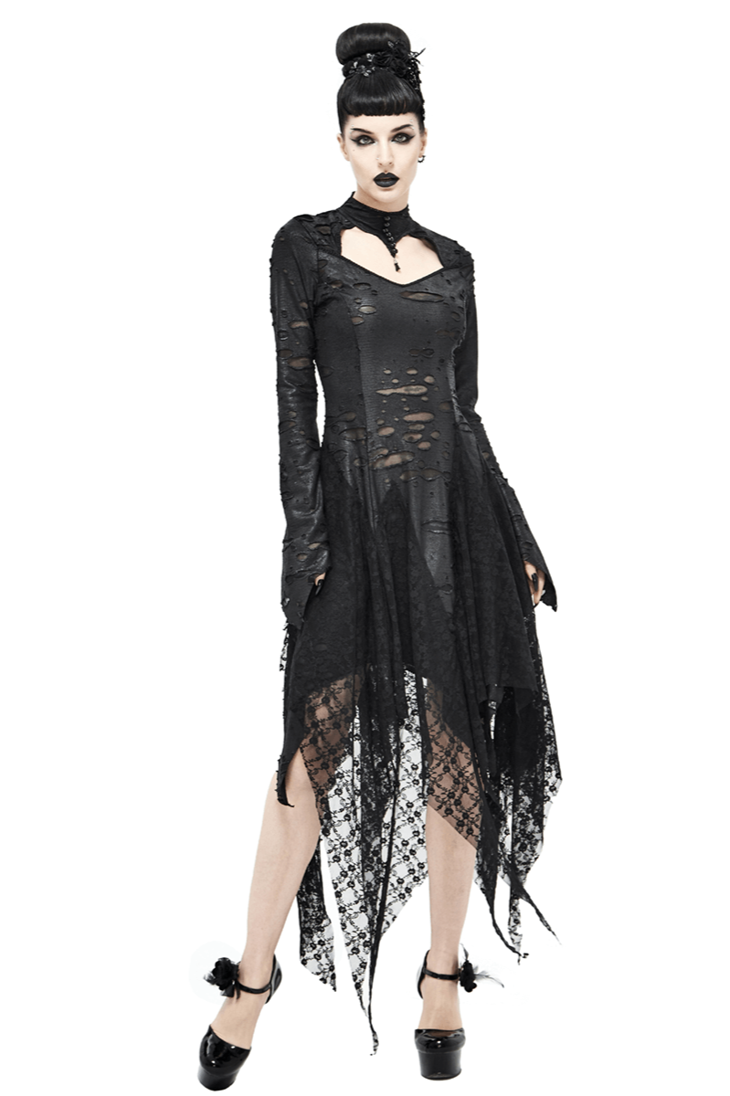 Black 'Dragon Spine' Gothic Dress / Women's Dark Shadow Long Sleeve Irregular Hem Dress - image 1