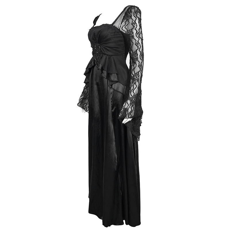Black Elegant Retro Appliqued Long Dress / Women's Square Neck Sleeves Dress - image 4