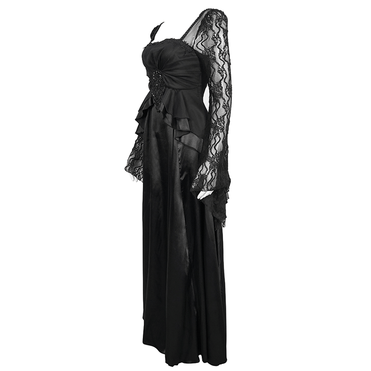 Black Elegant Retro Appliqued Long Dress / Women's Square Neck Sleeves Dress - image 4