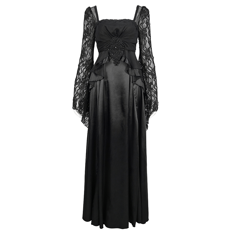 Black Elegant Retro Appliqued Long Dress / Women's Square Neck Sleeves Dress - image 3
