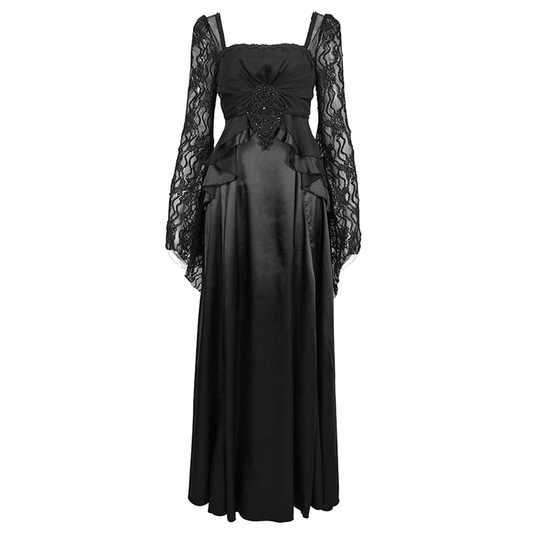 Black Elegant Retro Appliqued Long Dress / Women's Square Neck Sleeves Dress - image 3