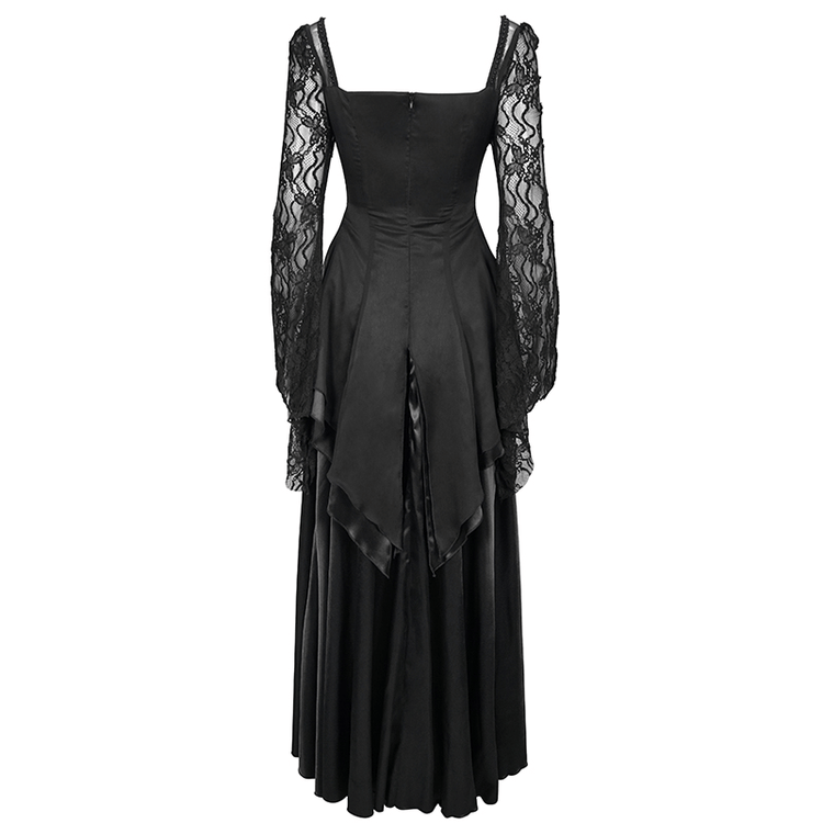 Black Elegant Retro Appliqued Long Dress / Women's Square Neck Sleeves Dress - image 5