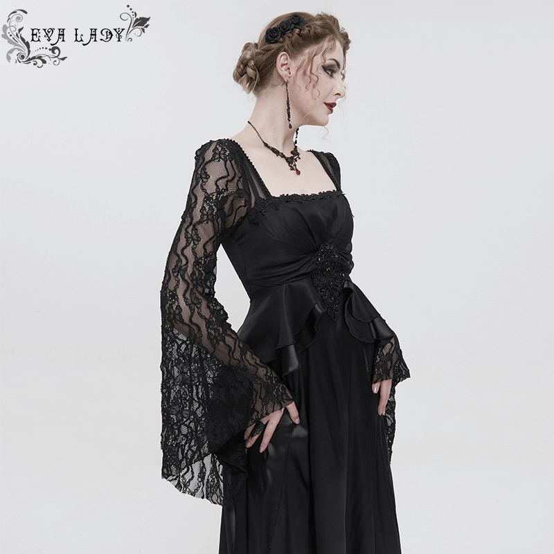 Black Elegant Retro Appliqued Long Dress / Women's Square Neck Sleeves Dress - image 7
