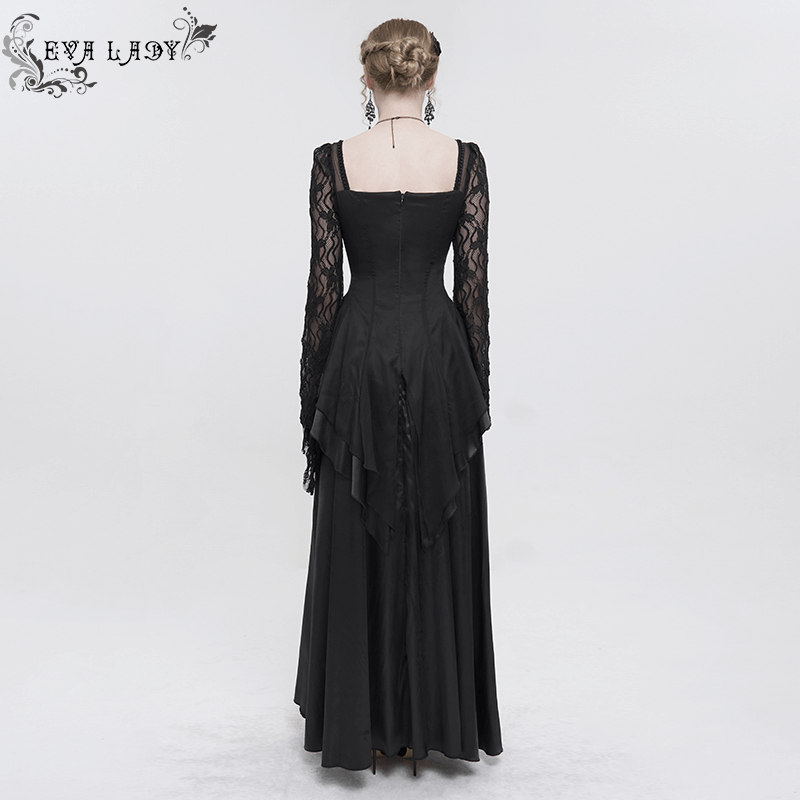 Black Elegant Retro Appliqued Long Dress / Women's Square Neck Sleeves Dress - image 6