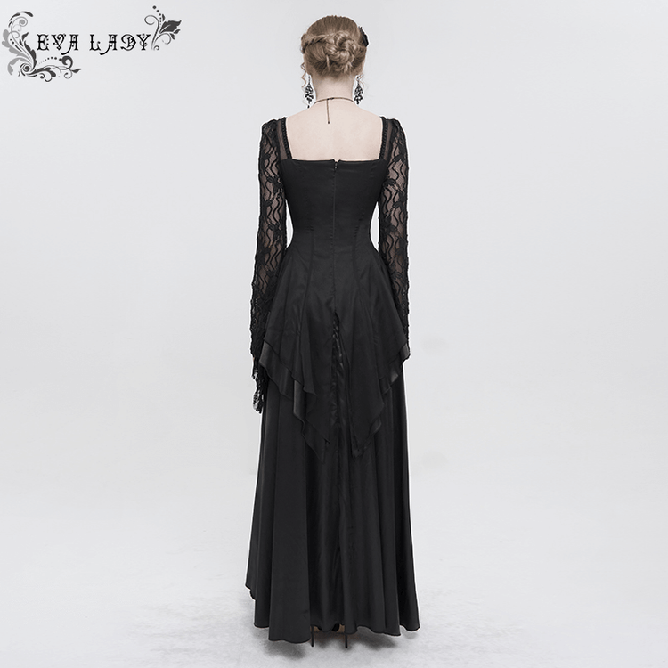 Black Elegant Retro Appliqued Long Dress / Women's Square Neck Sleeves Dress - image 6