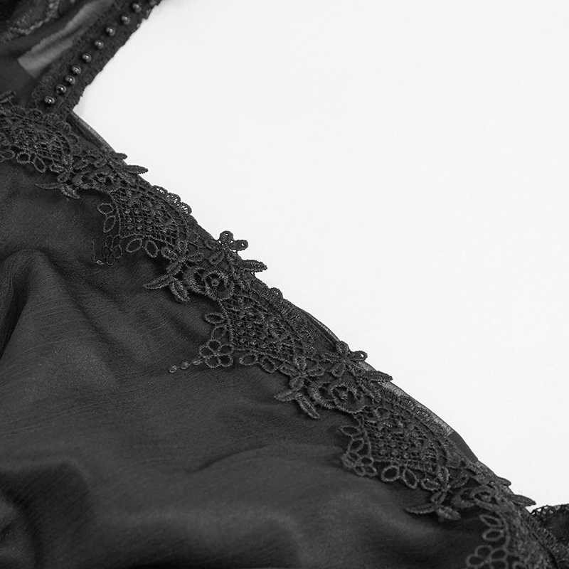Black Elegant Retro Appliqued Long Dress / Women's Square Neck Sleeves Dress - image 13