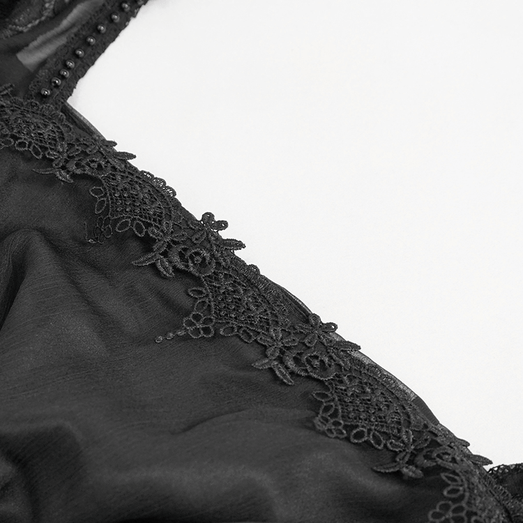 Black Elegant Retro Appliqued Long Dress / Women's Square Neck Sleeves Dress - image 13