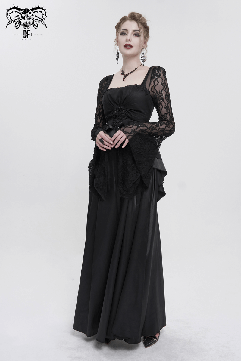 Black Elegant Retro Appliqued Long Dress / Women's Square Neck Sleeves Dress - image 8