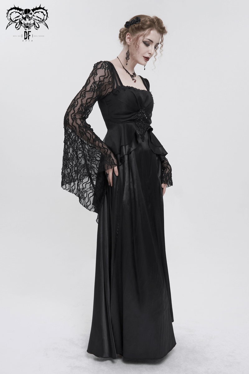 Black Elegant Retro Appliqued Long Dress / Women's Square Neck Sleeves Dress - image 10