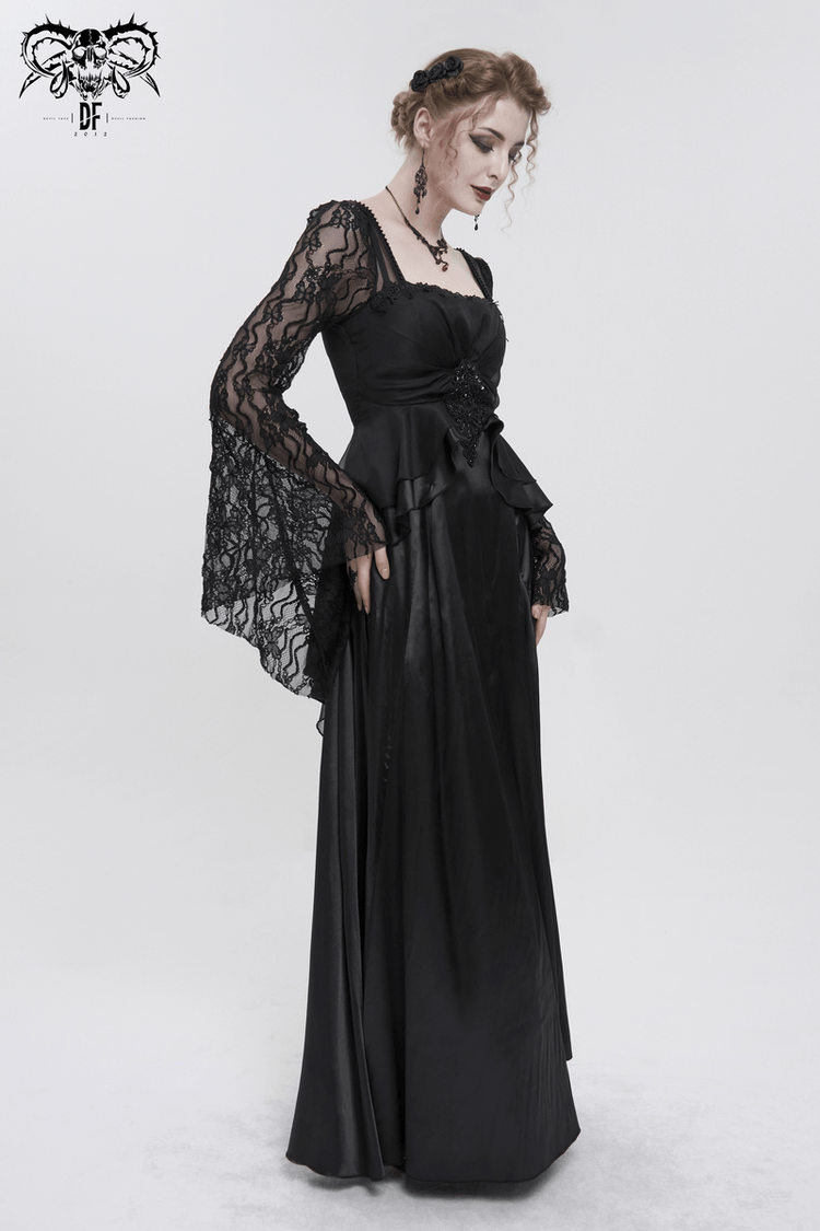 Black Elegant Retro Appliqued Long Dress / Women's Square Neck Sleeves Dress - image 10