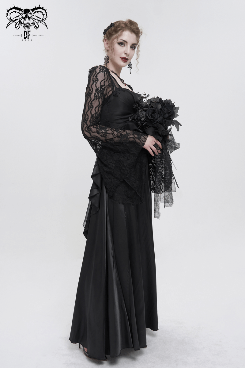 Black Elegant Retro Appliqued Long Dress / Women's Square Neck Sleeves Dress - image 9