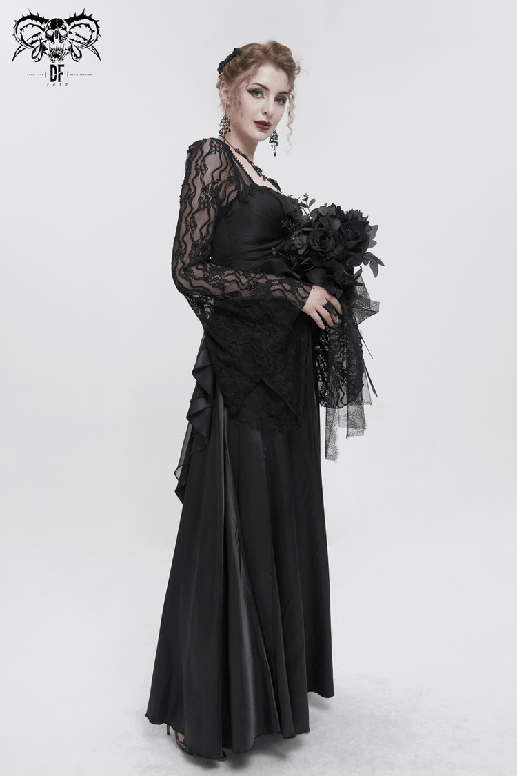 Black Elegant Retro Appliqued Long Dress / Women's Square Neck Sleeves Dress - image 9