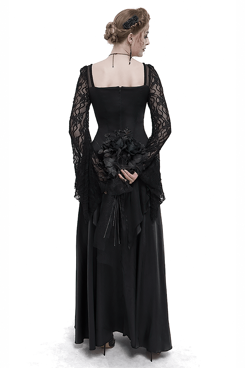 Black Elegant Retro Appliqued Long Dress / Women's Square Neck Sleeves Dress - image 2